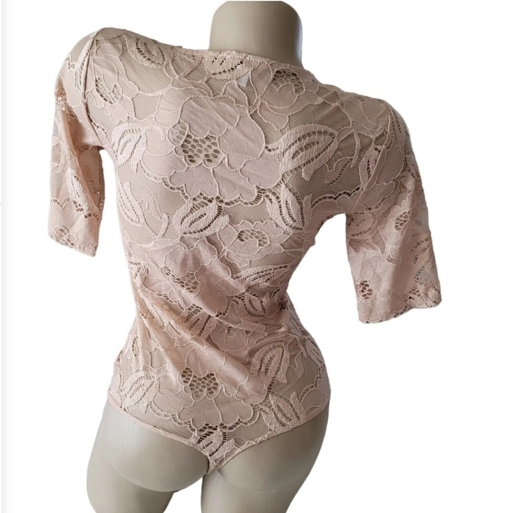 Guess Beige Lace Up Corset Rose Bodysuit Floral Short Sleeves Mesh New - Picture 5 of 9
